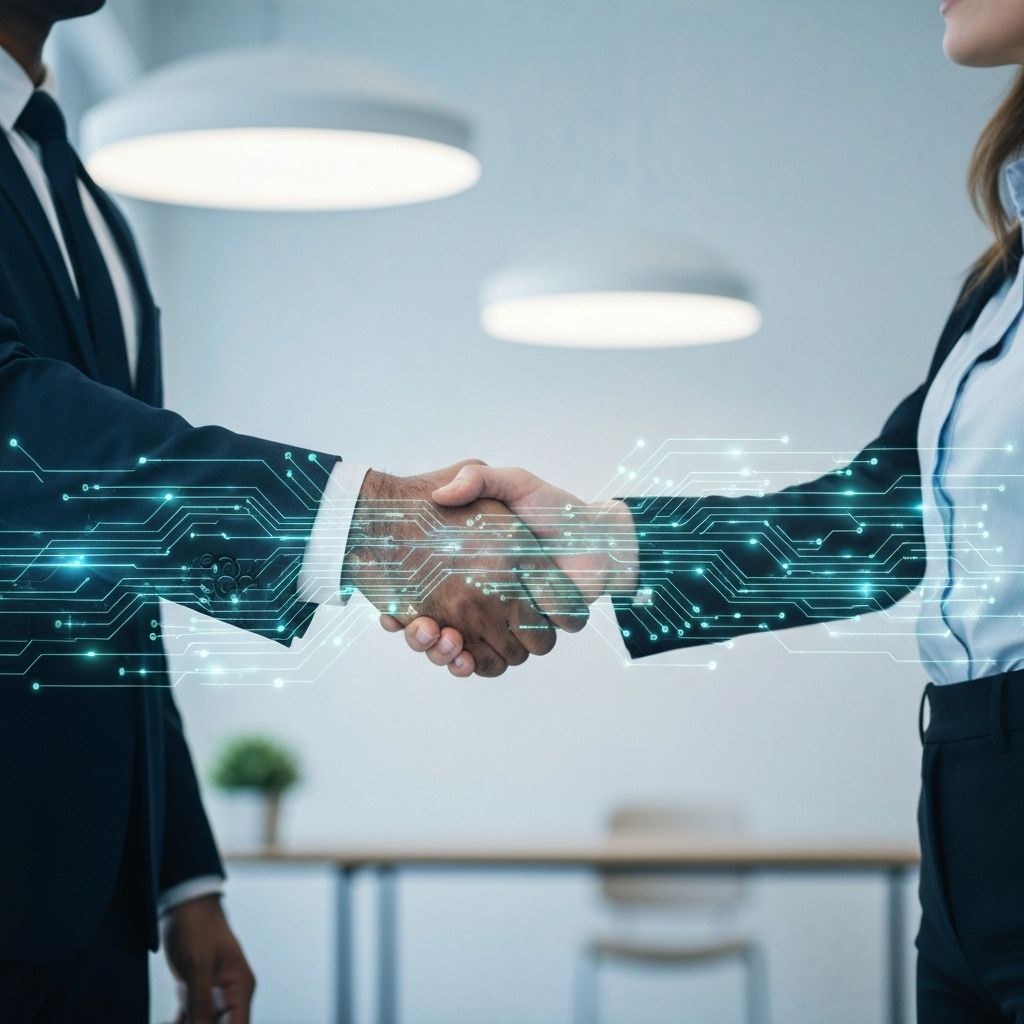 Business handshake with digital technology overlay